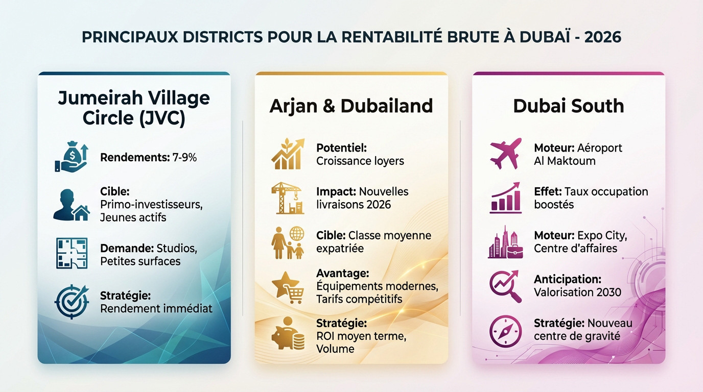 Carte des quartiers à fort rendement locatif à Dubaï pour 2026 incluant JVC et Dubai South