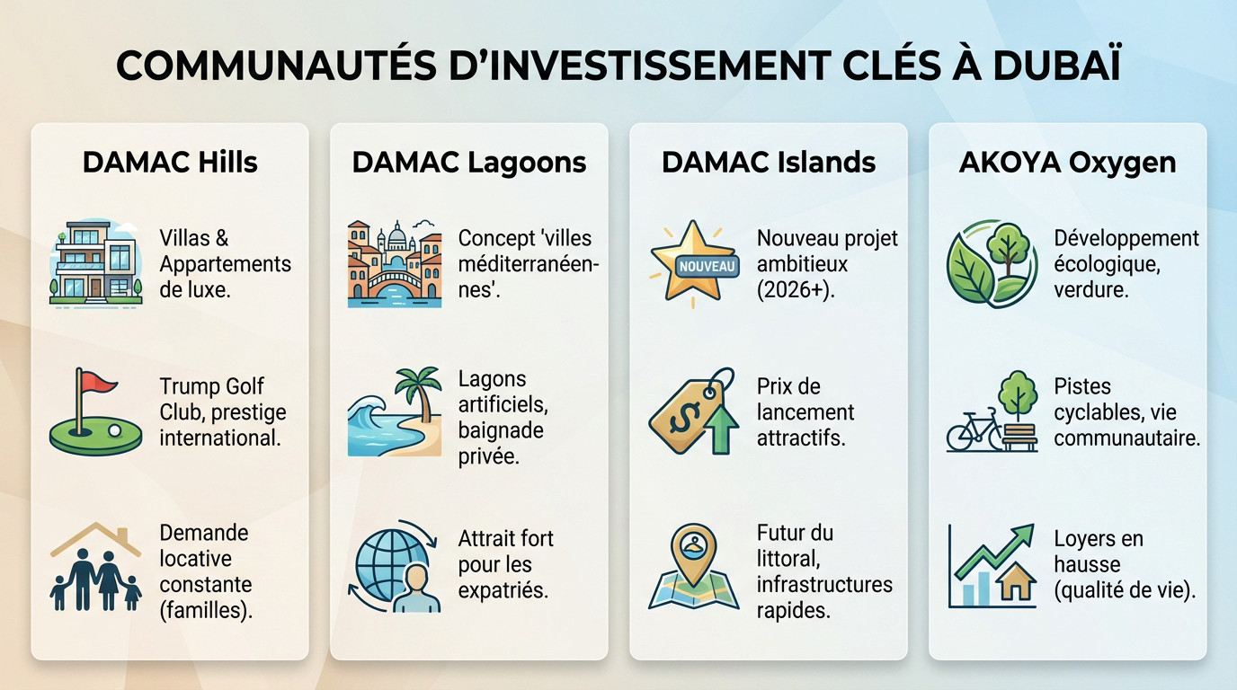 Carte illustrant les communautés DAMAC Hills, Lagoons et Islands à Dubaï