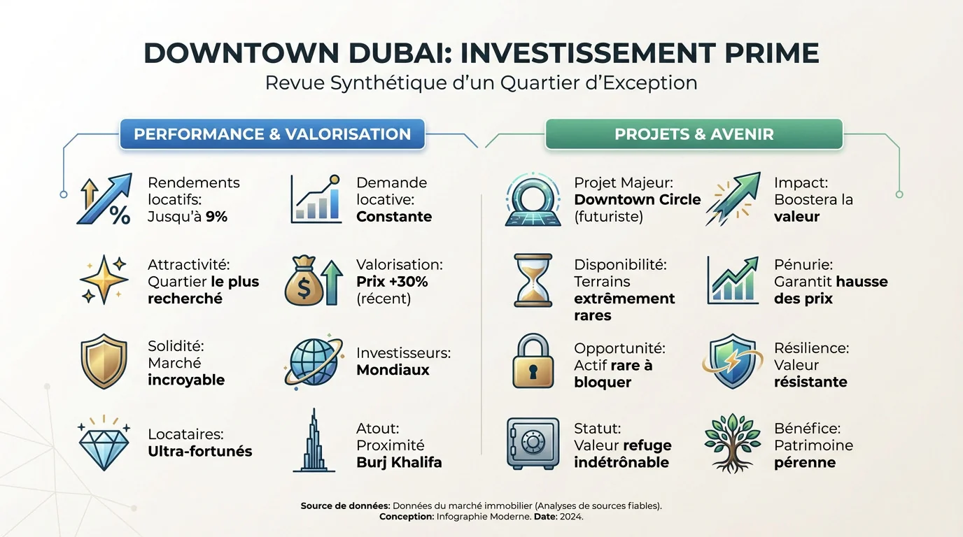 Vue panoramique des investissements immobiliers de luxe à Downtown Dubai avec le Burj Khalifa