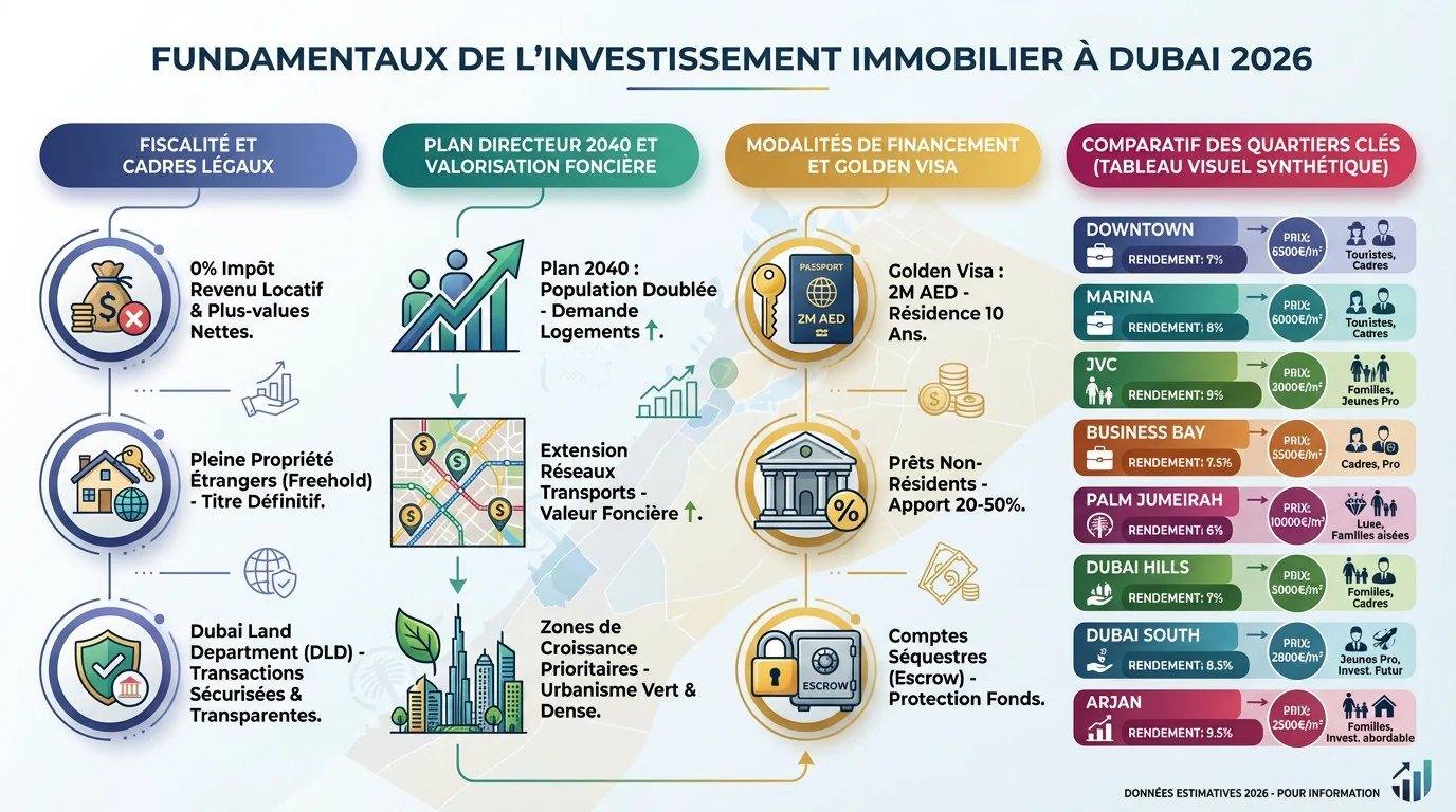 Panorama urbain de Dubaï montrant les nouveaux développements immobiliers et la skyline 2026