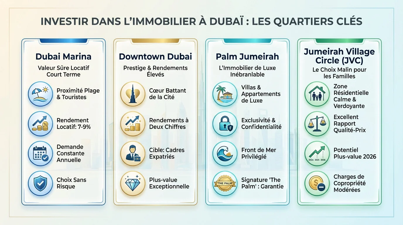 Vue panoramique des quartiers clés pour l'investissement immobilier à Dubaï en 2026