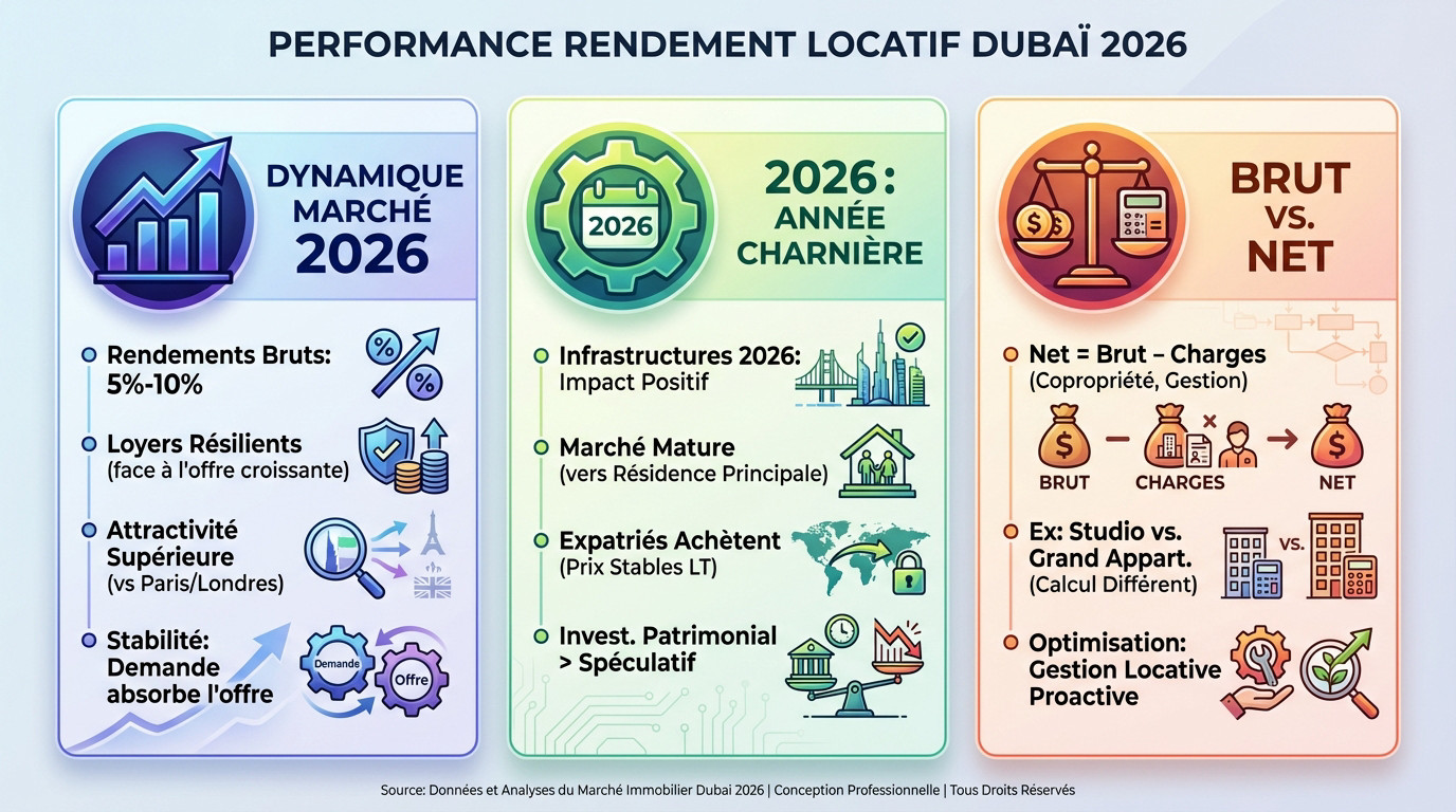 Graphique illustrant la performance du rendement locatif à Dubaï en 2026 par rapport aux autres capitales mondiales