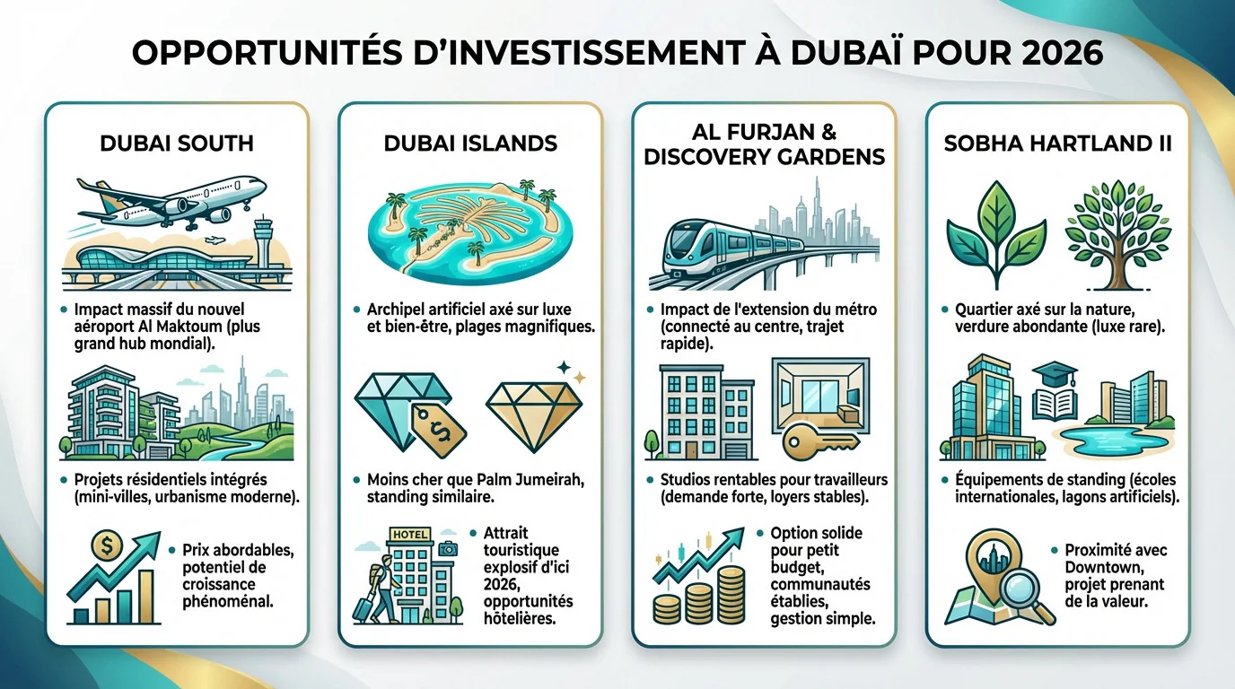 Panorama des zones d'investissement immobilier à Dubaï pour 2026 : Dubai South, Dubai Islands et Sobha Hartland II