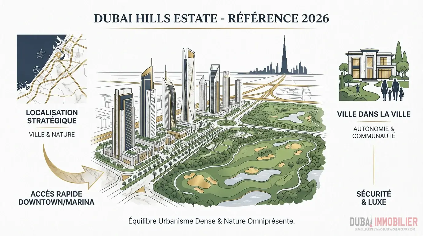 Vue aérienne des villas de luxe et des espaces verts à Dubai Hills Estate