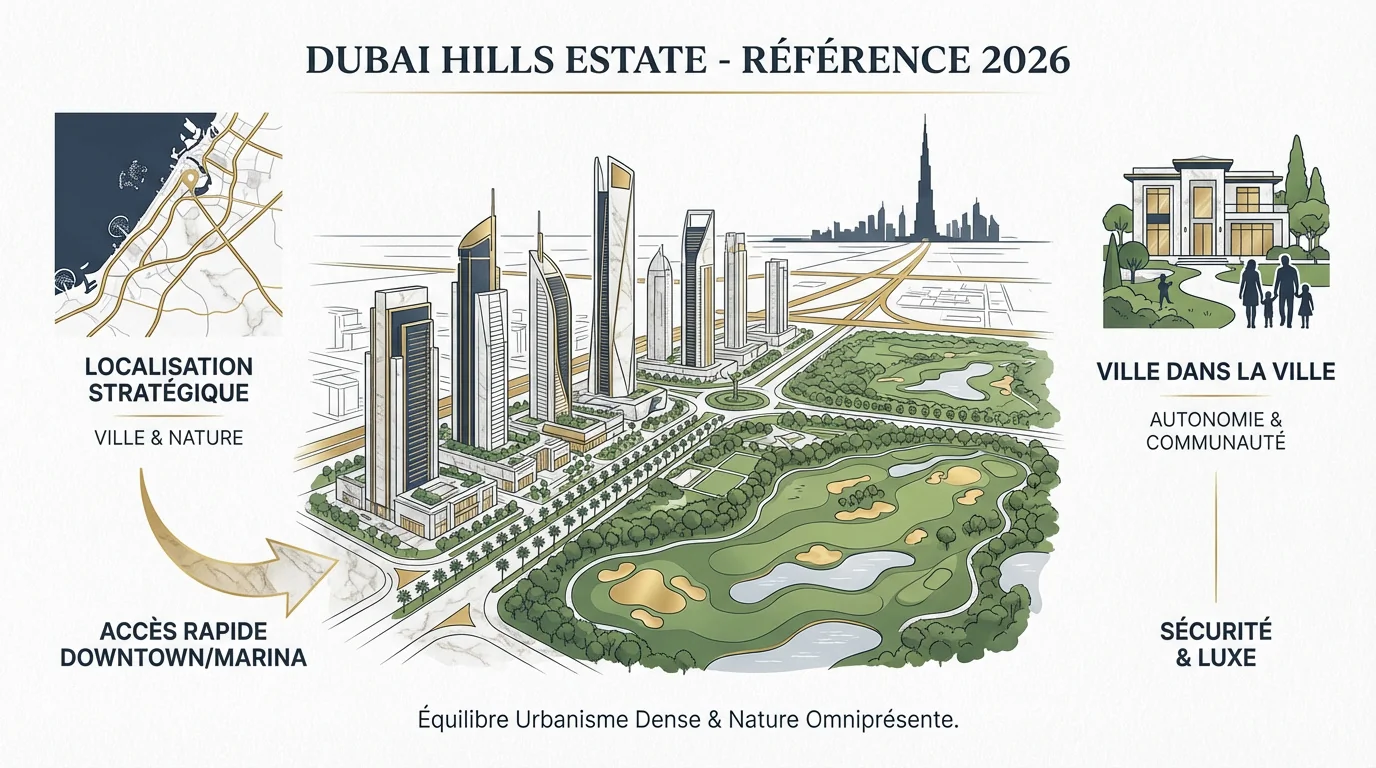 Vue aérienne des villas de luxe et des espaces verts à Dubai Hills Estate