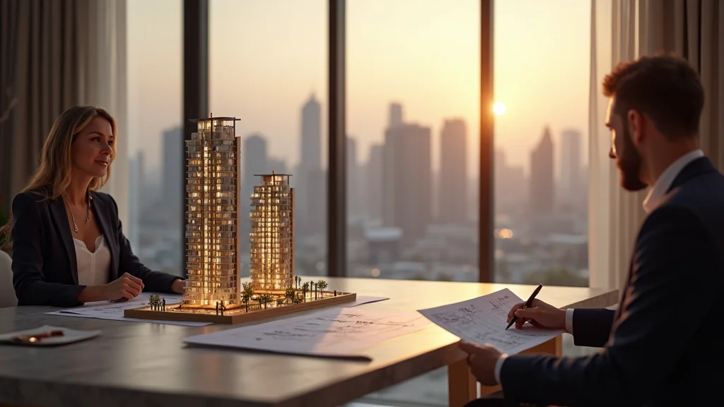 Conseiller immobilier présentant un projet off-plan à Dubai en sales gallery
