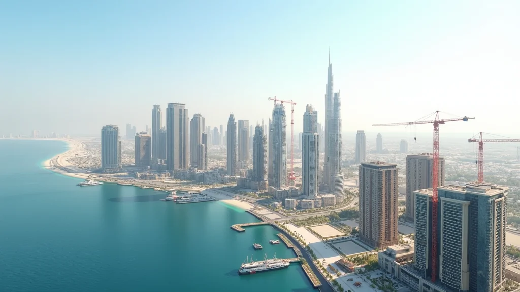 Quartier waterfront de Dubai avec tours en construction et projets résidentiels neufs