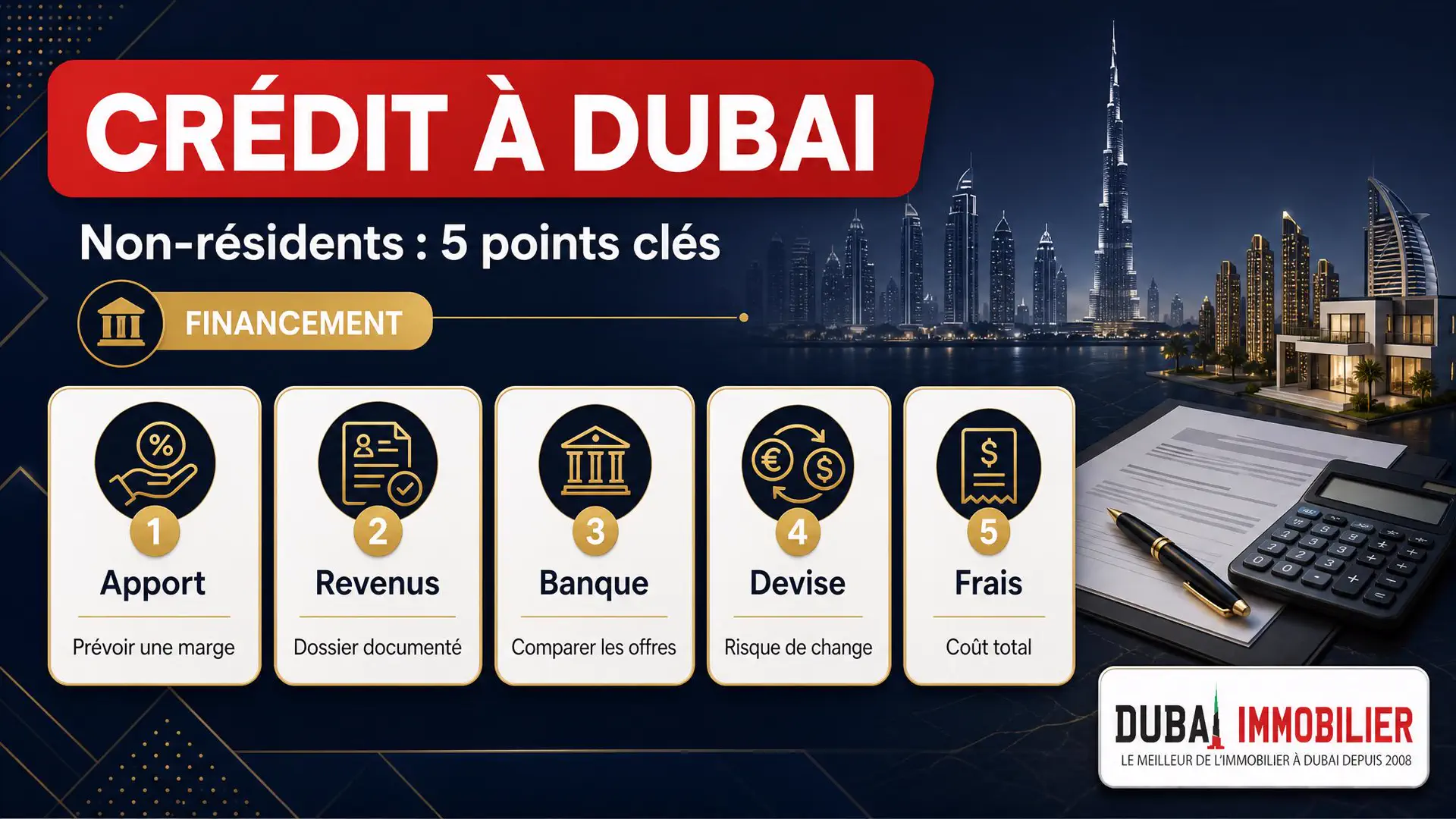 Infographie des points clés du crédit immobilier Dubai pour non-résidents