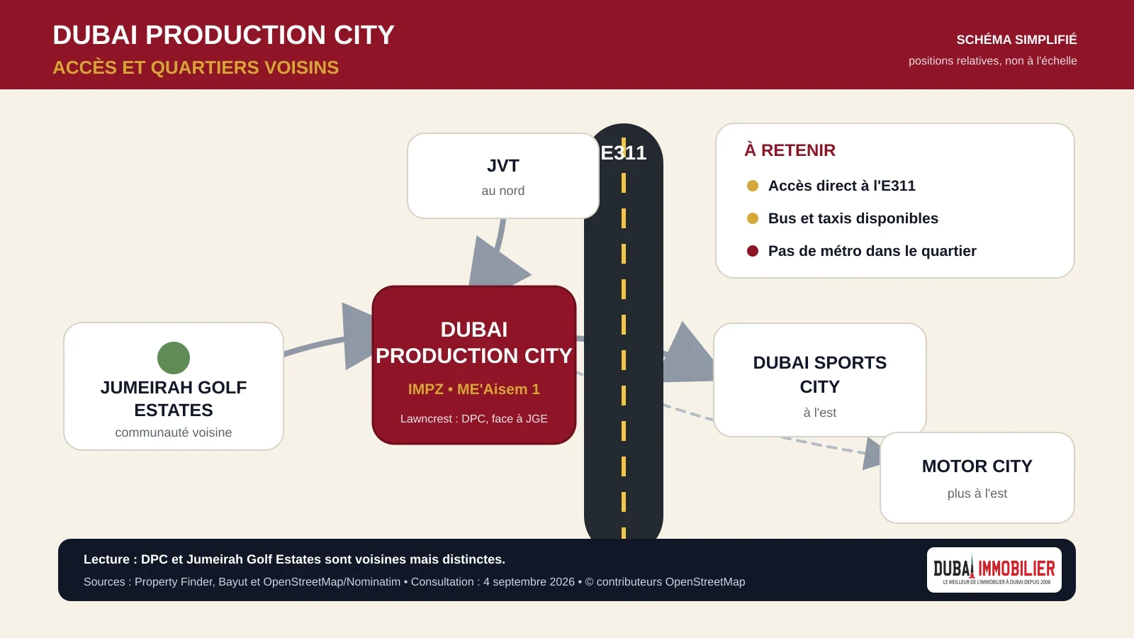 Carte des accès à Dubai Production City et des quartiers voisins